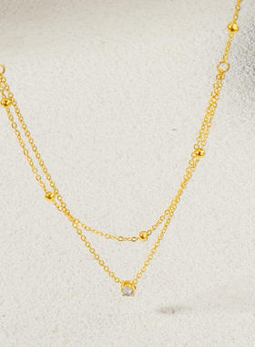 精致双层设计款单钻珠珠项链女气质高级感钛钢叠戴锆石锁骨颈链女