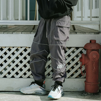 Us17易建联原创潮牌aw 反光线条切割剪裁运动束脚裤 虎窝淘