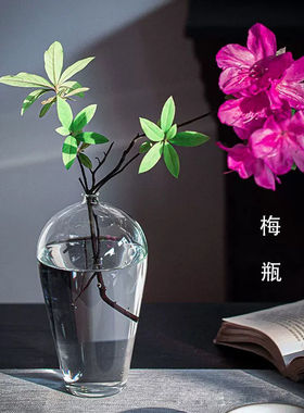 爱家居禅意中式窄口透明玻璃装饰花瓶摆件插花水培花器客厅观音瓶