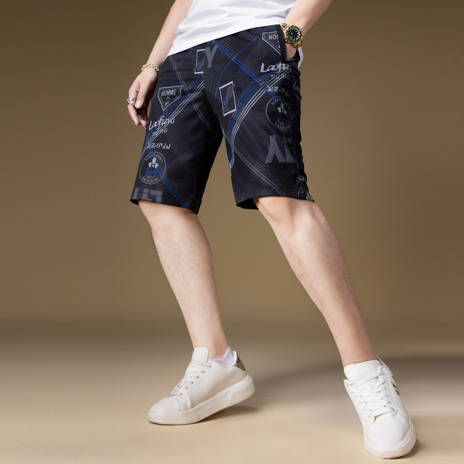 ZOUK欧货冰丝5分短裤男款夏季沙滩裤条纹印花复古男士轻奢休闲裤,淘宝优惠券,粉丝福利购,淘宝优惠卷