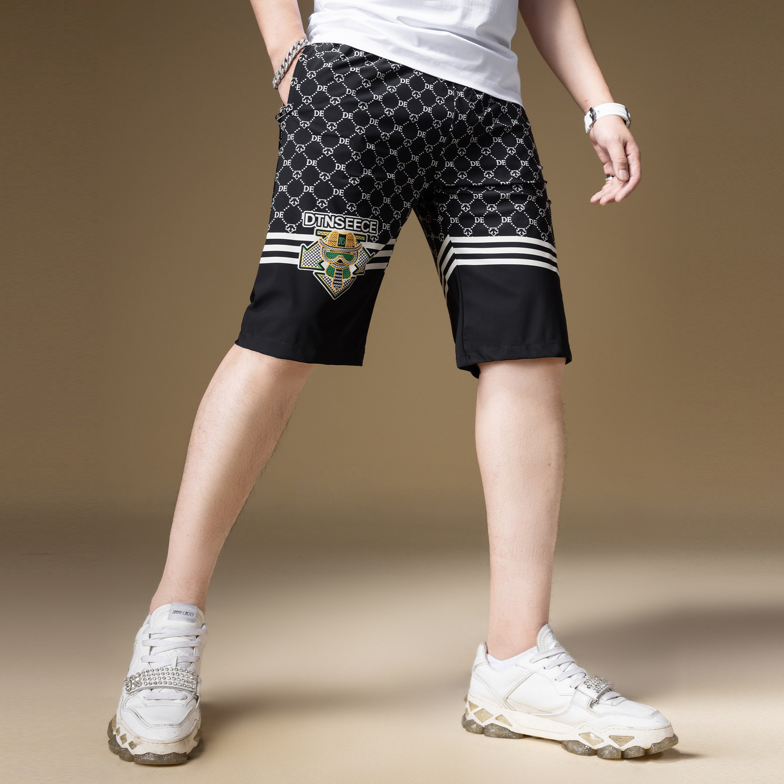 ZOUK冰丝短裤男5分潮牌满花条纹沙滩裤男夏季薄款休闲裤2023新款,淘宝优惠券,粉丝福利购,淘宝优惠卷