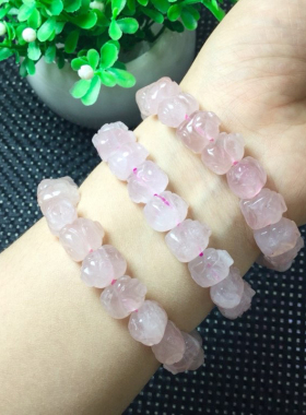 老库存天然白粉水晶小猪手链 男女款水晶雕刻手串饰品礼物带裂