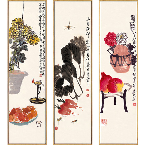 齐白石国画小品新中式客厅壁画玄关装饰画四条屏挂画竖版四联禅意 - 图3