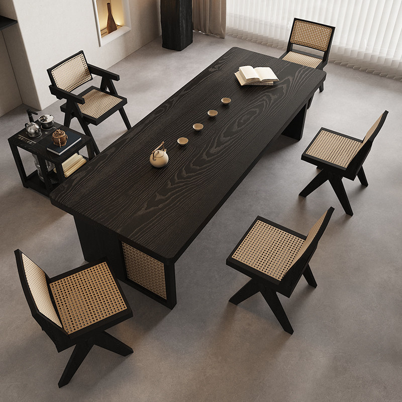 侘寂风茶桌椅组合家用藤编茶桌实木高端阳台功夫大板泡茶一桌五椅,淘宝优惠券,粉丝福利购,淘宝优惠卷