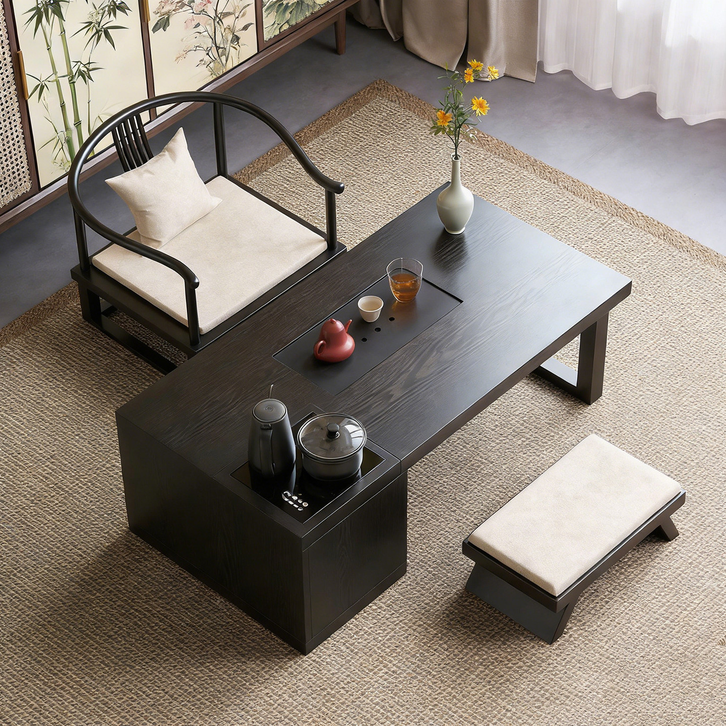 宋代美学实木矮茶桌茶台一体新中式家用阳台精致专用飘窗榻榻米,淘宝优惠券,粉丝福利购,淘宝优惠卷