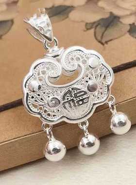 银色如意祥云长命锁项链女棉花娃娃长命锁镂空吊坠红色绳