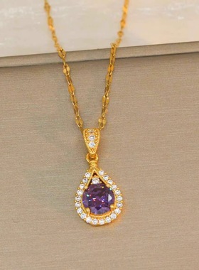 金色紫钻水滴项链电镀工艺显白提气场聚会奢华时尚高级感夏季
