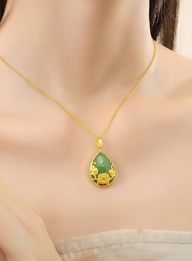 水滴花朵吊坠绿色女款项链水滴形绿花朵金色项链锁骨链七夕送老婆