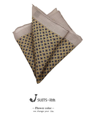 高品质棉麻西服口袋巾 亚麻西装胸巾 卡其色腰果花手卷边绅装袋巾