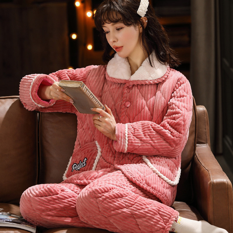 秋冬季珊瑚绒加绒可爱夹棉袄睡衣 荷韵诗睡衣/家居服套装