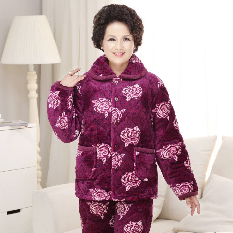 冬季女士中老年款珊瑚绒老年人棉袄 荷韵诗睡衣/家居服套装