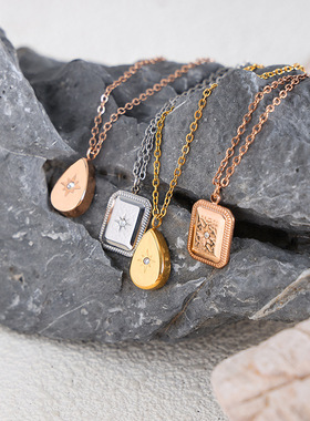 法国高级感百搭水滴方块圆形锆石吊坠钛钢项链批发女不掉色饰品