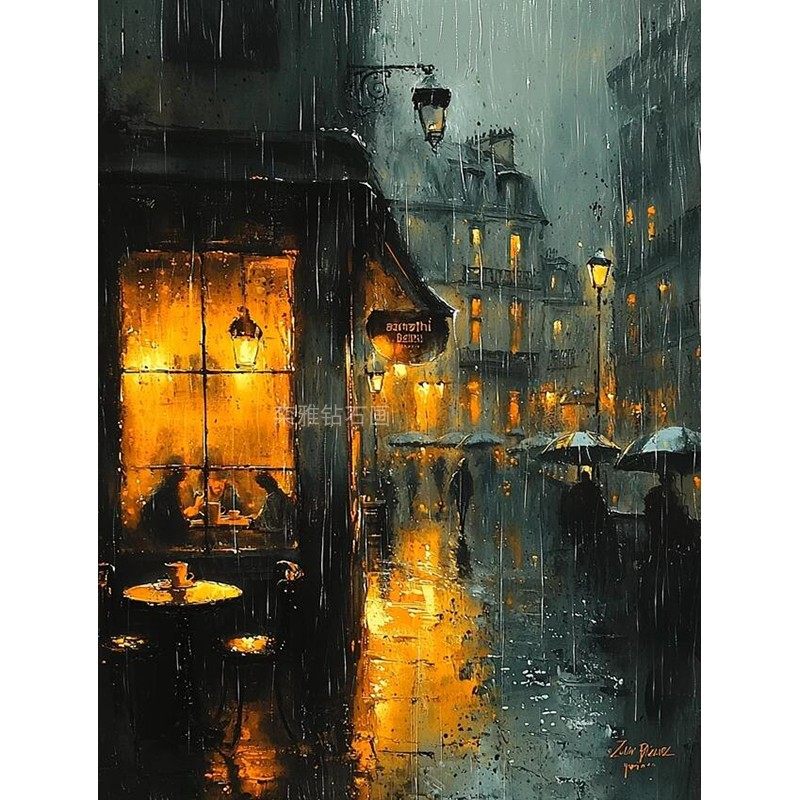 DIY方钻满钻钻石画钻石绣手工贴钻十字绣带钻雨夜街道咖啡厅夜景,淘宝优惠券,粉丝福利购,淘宝优惠卷
