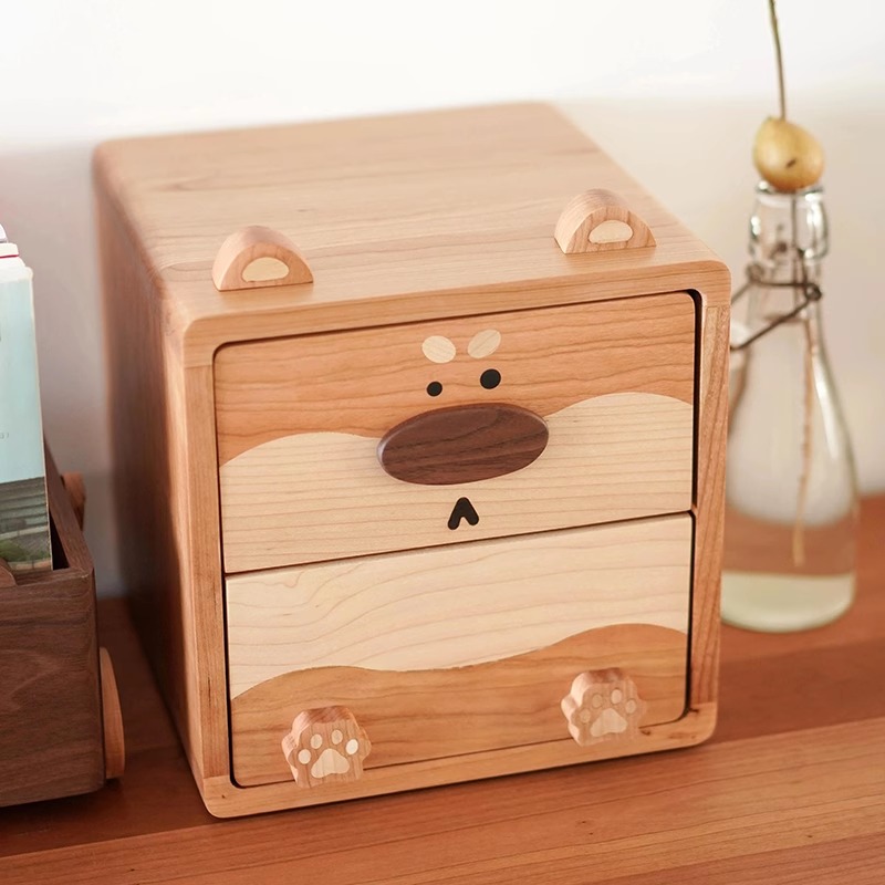 樱桃木小狗收纳盒桌面双抽屉柜子可爱实木质儿童房首饰文具原木风 - 图0