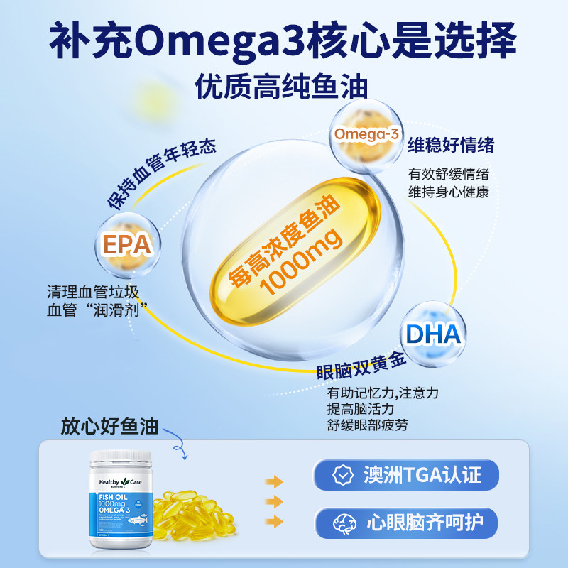 HealthyCare澳洲omega3深海鱼油软胶囊中老年DHA补脑呵护400粒