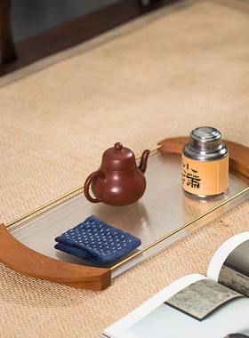 黑胡桃木月牙玻璃托盘家用茶盘实木长方形水果盘简约装饰收纳盘子