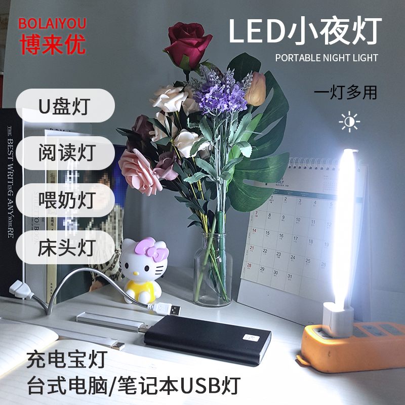 LED护眼小台灯10灯20灯长条铝壳USB小夜灯床头宿舍移动电源野外灯