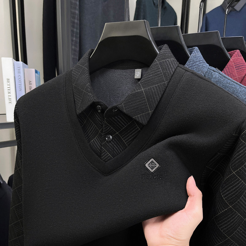 罗蒙含羊毛加绒加厚假两件爸爸毛衣男打底针织衫内搭保暖中老年冬,淘宝优惠券,粉丝福利购,淘宝优惠卷