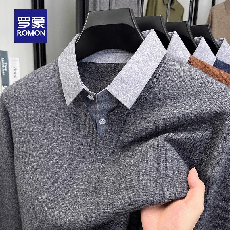 罗蒙男士时尚衬衫领假两件针织衫春秋季新款商务百搭休闲长袖毛衣,淘宝优惠券,粉丝福利购,淘宝优惠卷