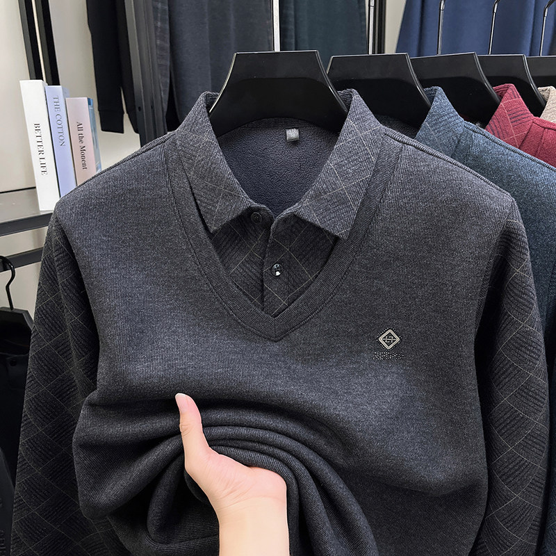 罗蒙含羊毛加绒加厚假两件爸爸毛衣男打底针织衫内搭保暖中老年冬,淘宝优惠券,粉丝福利购,淘宝优惠卷