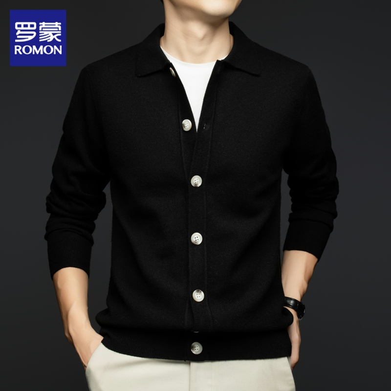 罗蒙针织开衫外套男士秋冬季新款高端羊毛线衣休闲商务翻领毛衣男 - 图1