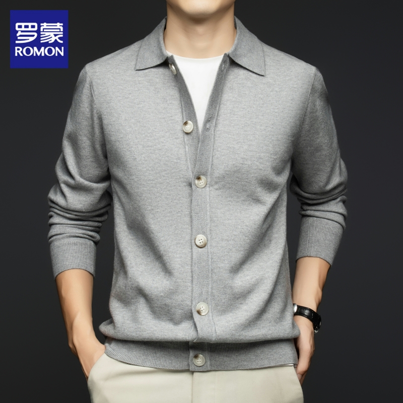 罗蒙针织开衫外套男士秋冬季新款高端羊毛线衣休闲商务翻领毛衣男 - 图0