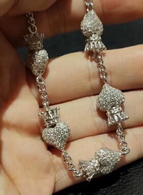 925纯银电镀18K白金ROCKAGE经典为爱加冕女神皇冠镶白钻桃心手链