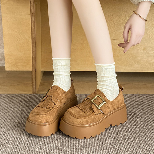 厚底增高勃肯鞋女一脚蹬反绒皮乐福鞋2026秋季新款小个子单鞋34码 - 图2