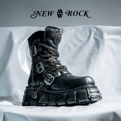 NEWROCK官方正品手工定制复古做旧朋克金属铁链短筒工装厚底鞋 - 图2