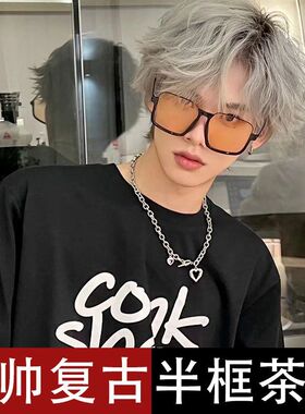 网红下半框茶色墨镜男潮韩系复古风2026防紫外线太阳镜女大脸黑框