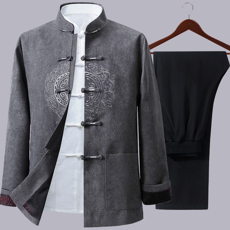 新款春秋季唐装男中老年长袖中国风 型型熊民族服装