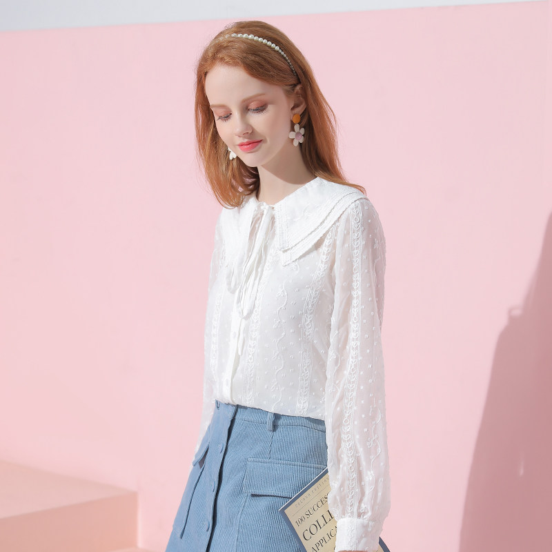 2020春秋款长袖雪纺法式娃娃领衬衫 画俏蕾丝衫/雪纺衫