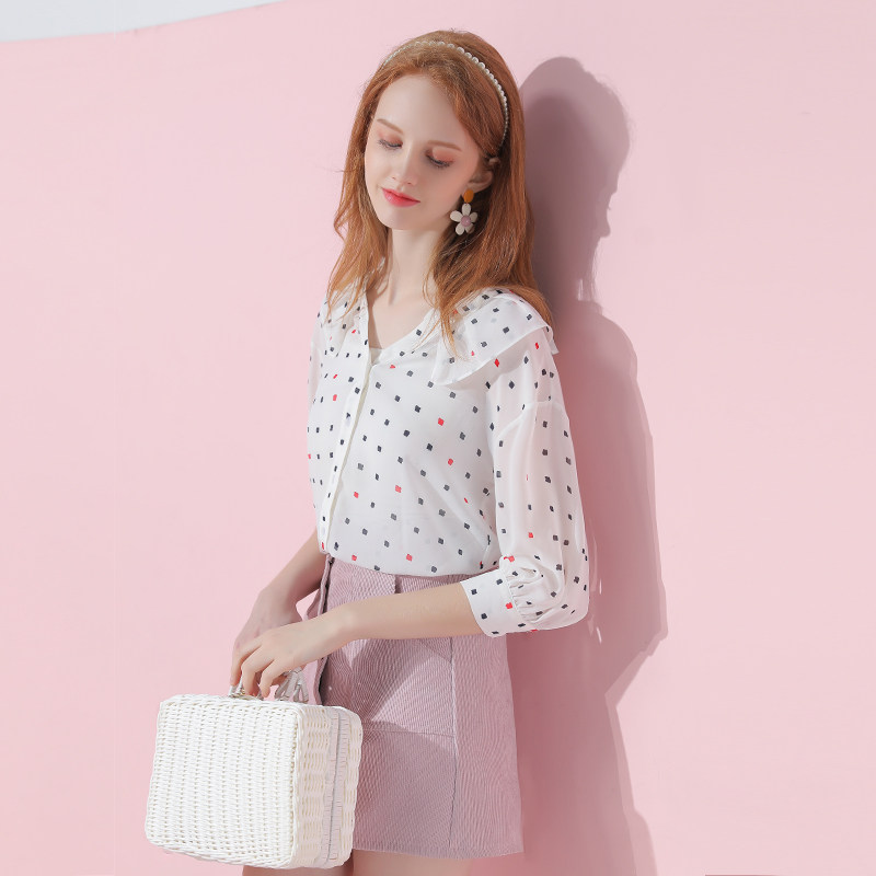 2020春夏新款七分袖雪纺法式衬衫 画俏蕾丝衫/雪纺衫