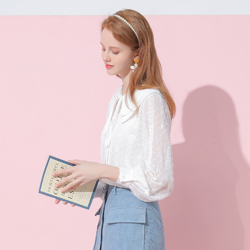 2020春秋款长袖雪纺法式娃娃领衬衫 画俏蕾丝衫/雪纺衫