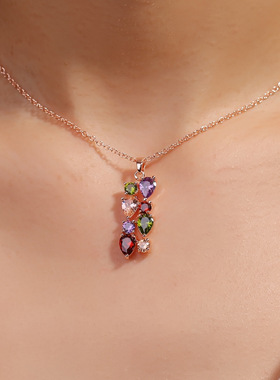 新款耳环优雅气质复古女轻奢彩色锆石锁骨链吊坠耳钉两件套装饰品