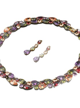 欧美夸张七彩项链耳环套装奢华锁骨链装饰晚宴礼服女新娘气质配饰