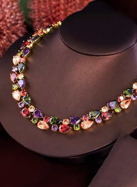 超闪奢华锆石七彩水晶项链高端婚纱礼服宴会高级女长配饰彩色项链