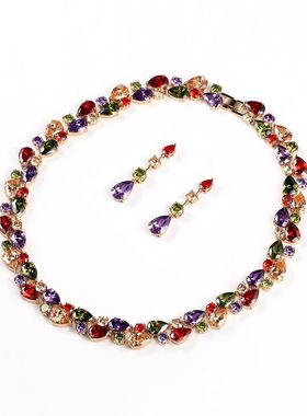 奢华锆石七彩水晶项链耳环套装结婚饰品婚纱晚礼服新娘宴会首饰