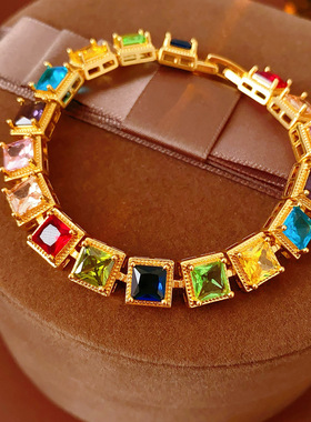 新款七彩石手链女时尚彩色锆石简约设计女戒逊环手环饰品百搭手链