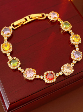 彩色锆石手链女小众椭圆形镶钻手链女高级感轻奢手环复古气质手饰