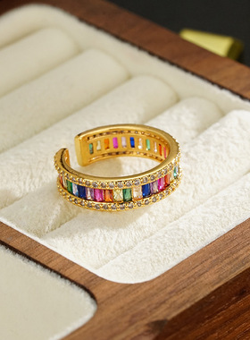 彩色锆石戒指个性女时尚彩虹满镶彩宝指戒欧美简约百搭开口食指戒