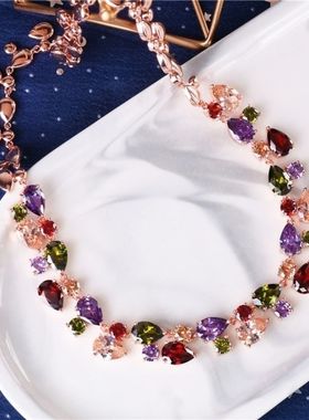 超闪锆石七彩水晶项链耳环套装饰品婚纱礼服手链首饰新娘晚宴配饰