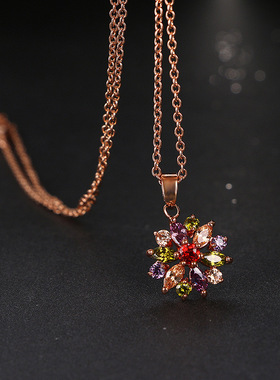 新款个性玫瑰金项链女百搭锁骨链吊坠彩色锆石太阳花耳环饰品