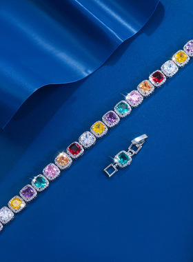 欧美夸张彩色锆石方糖手链小众设计个性女锁骨链时尚简约大气手饰