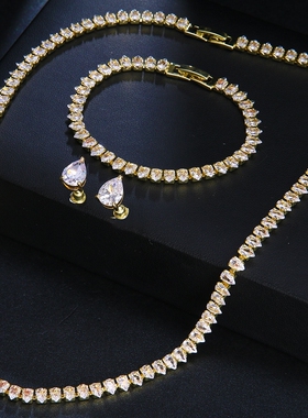 韩版链项链套装新娘婚纱水滴锆石轻奢时尚耳环手链三件套伴娘配饰