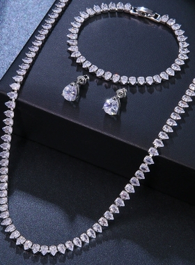 韩版时尚新娘婚纱水滴锆石轻奢套链项链耳环手链三件套伴娘配饰