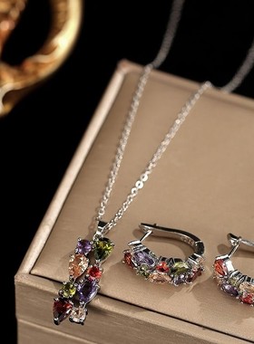 套装锆石项链耳环七彩项链耳环两件套女气质女网红圆脸锁骨链吊坠