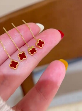 复古经典红色四叶花流苏耳线女