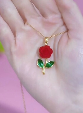 时尚红色丝绒玫瑰花吊坠项链女