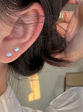 水晶方糖极光耳钉女925银针耳环